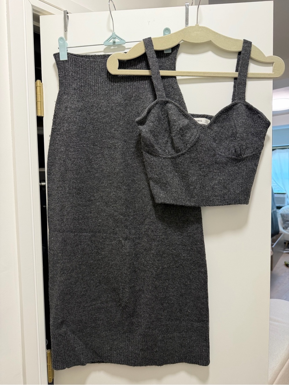 Mango Charcoal Wool Blend Knit Midi Skirt & Crop Top Set - SZ S